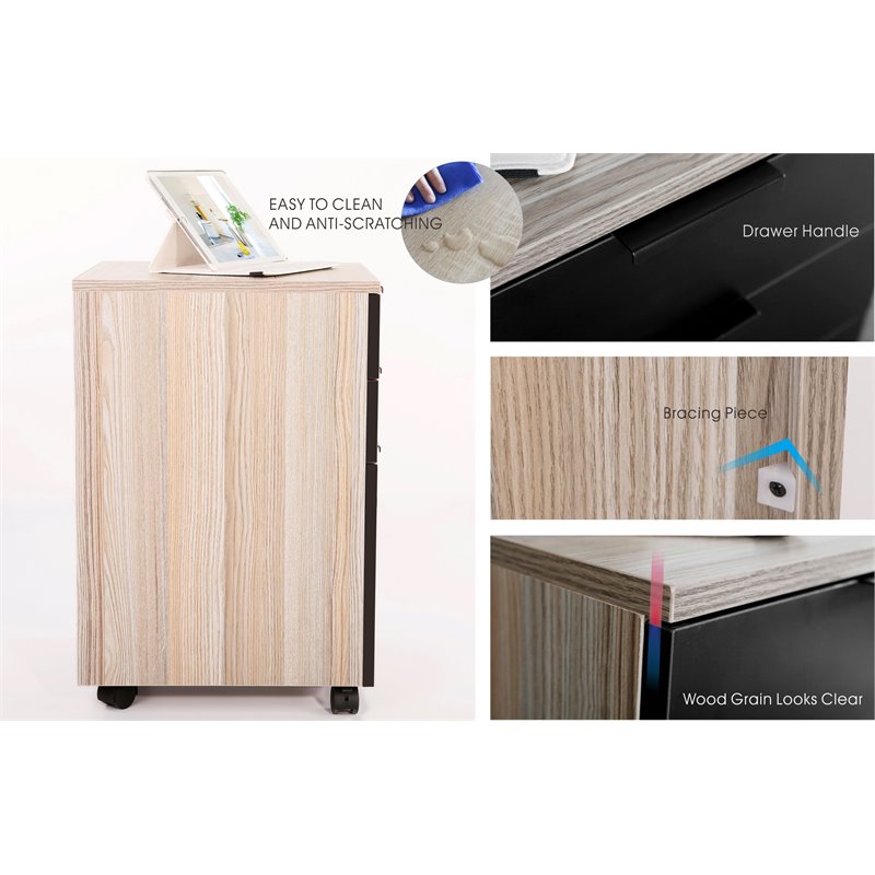 JJS 3-Drawer Wood Rolling File Cabinet with Locking Wheels in Black/Gray