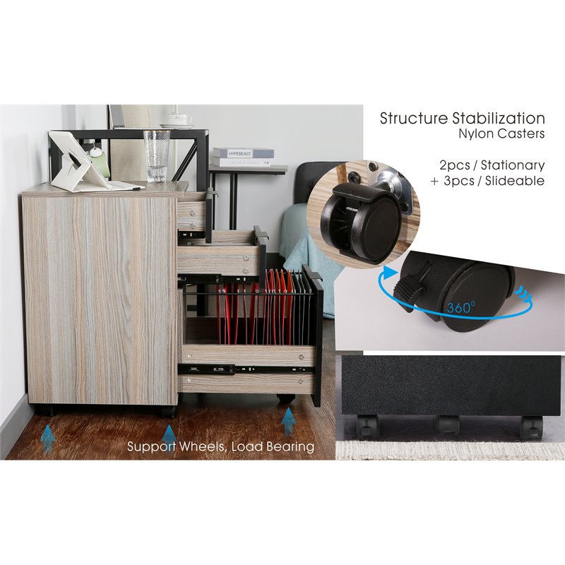 JJS 3-Drawer Wood Rolling File Cabinet with Locking Wheels in Black/Gray