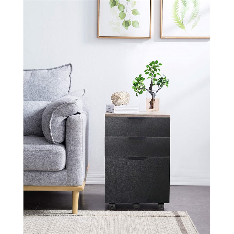 JJS 3-Drawer Wood Rolling File Cabinet with Locking Wheels in Black/Gray