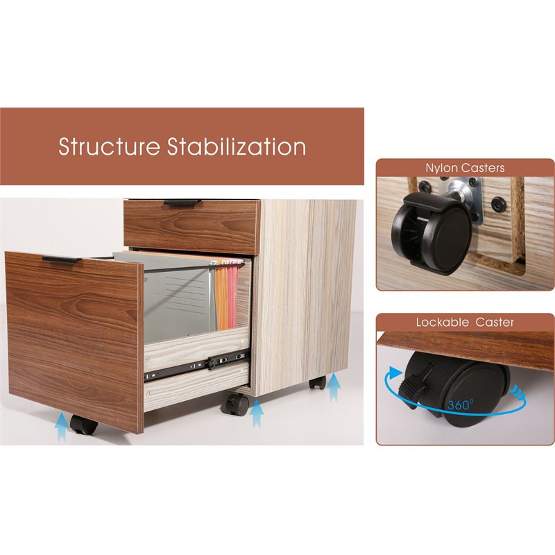 JJS 3-Drawer Wood Rolling File Cabinet with Locking Wheels in Brown/Gray