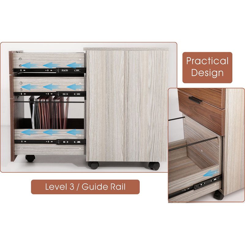 JJS 3-Drawer Wood Rolling File Cabinet with Locking Wheels in Brown/Gray