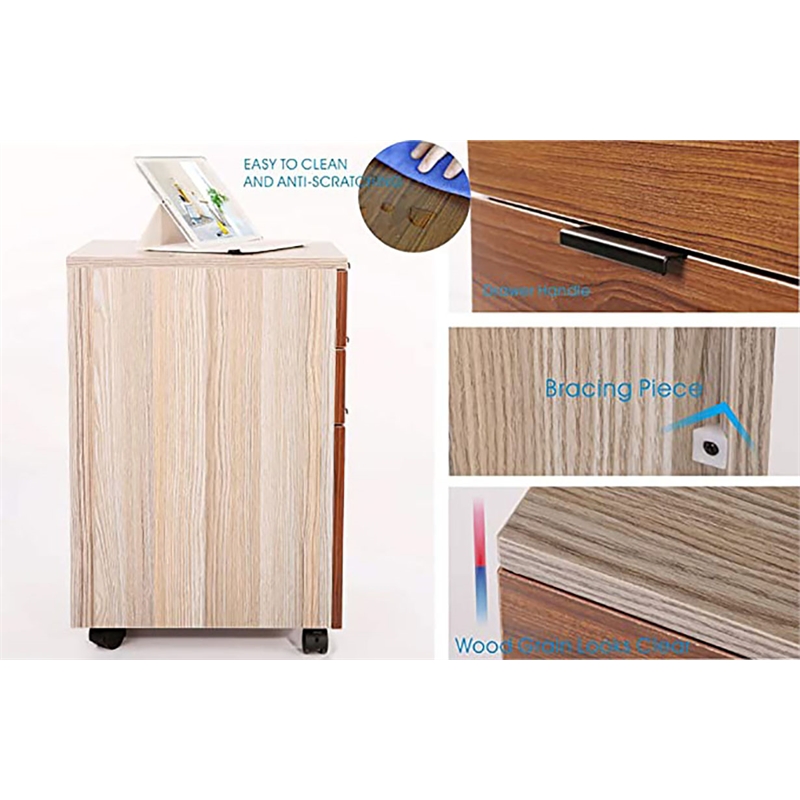 JJS 3-Drawer Wood Rolling File Cabinet with Locking Wheels in Brown/Gray