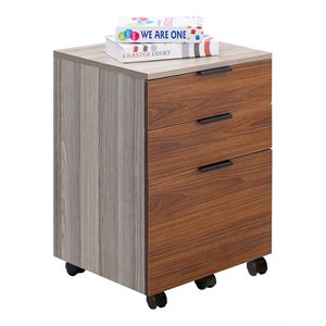 jjs 3-drawer wood rolling file cabinet with locking wheels in brown/gray