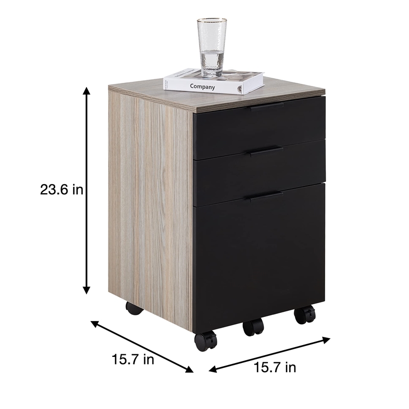 JJS 3-Drawer Modern Wood Rolling File Cabinet with Locking Wheels in Brown