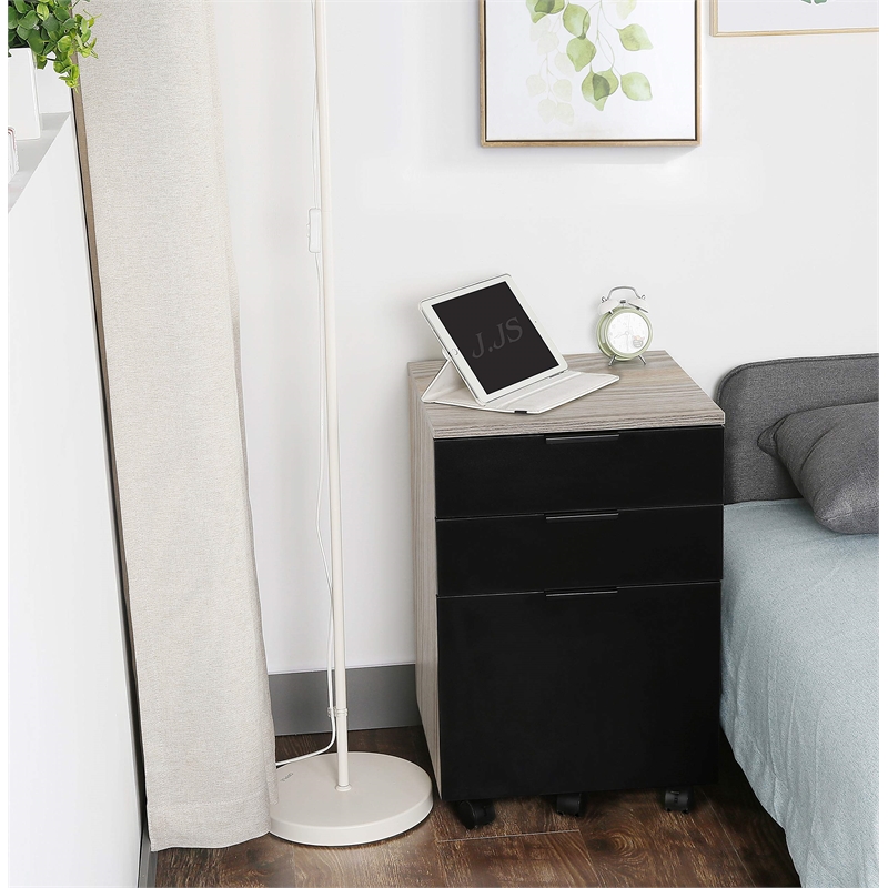 JJS 3-Drawer Modern Wood Rolling File Cabinet with Locking Wheels in Brown