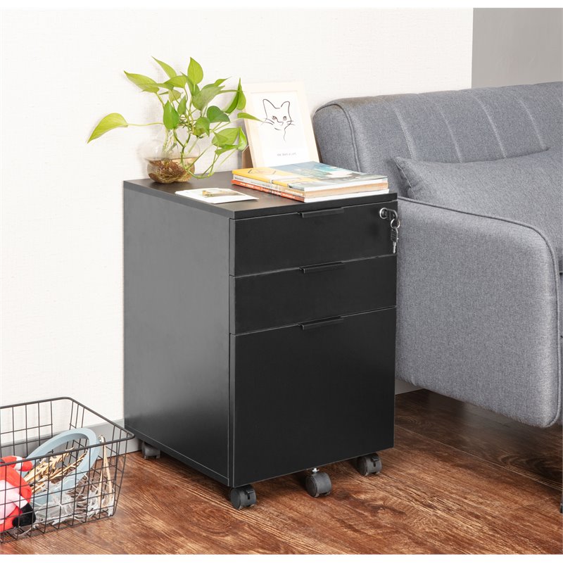 JJS 3-Drawer Modern Wood Rolling File Cabinet with Lock in Black