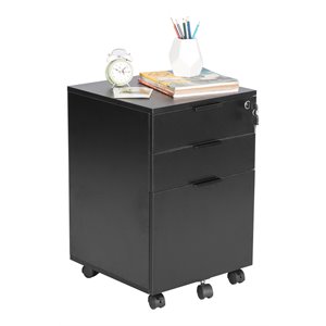 jjs 3-drawer modern wood rolling file cabinet with lock in black