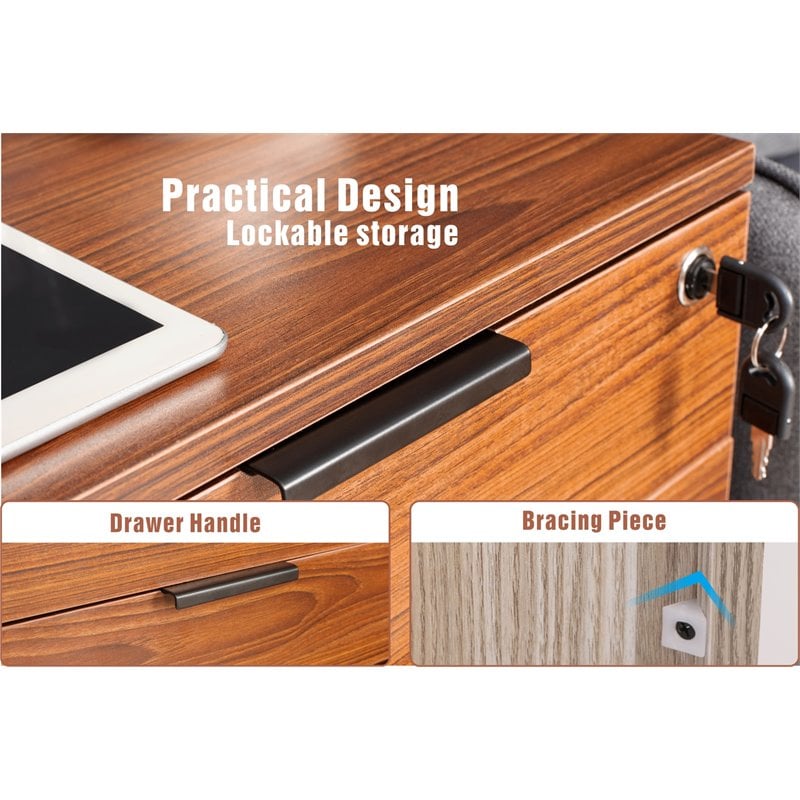 JJS 3-Drawer Modern Wood Rolling File Cabinet with Lock in Brown