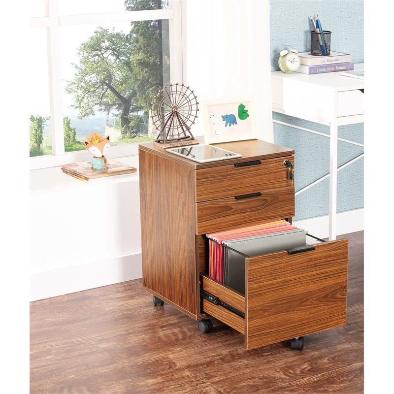 JJS 3-Drawer Modern Wood Rolling File Cabinet with Lock in Brown