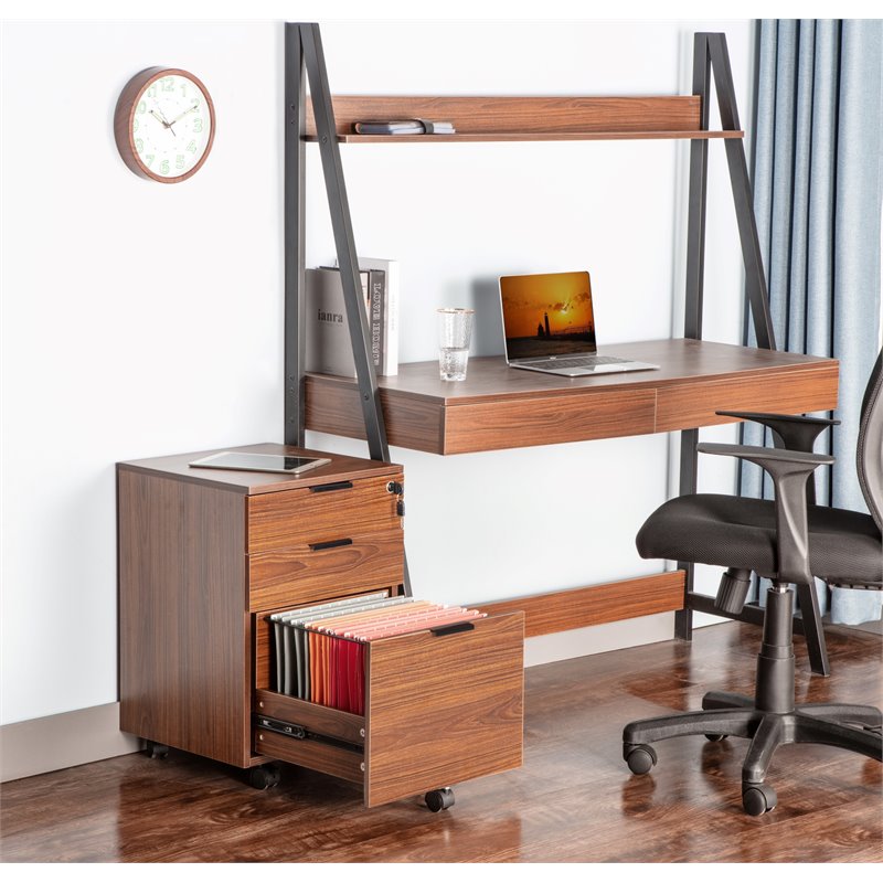 JJS 3-Drawer Modern Wood Rolling File Cabinet with Lock in Brown
