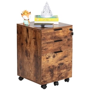 jjs 3-drawer modern engineered wood rolling file cabinet with lock in brown