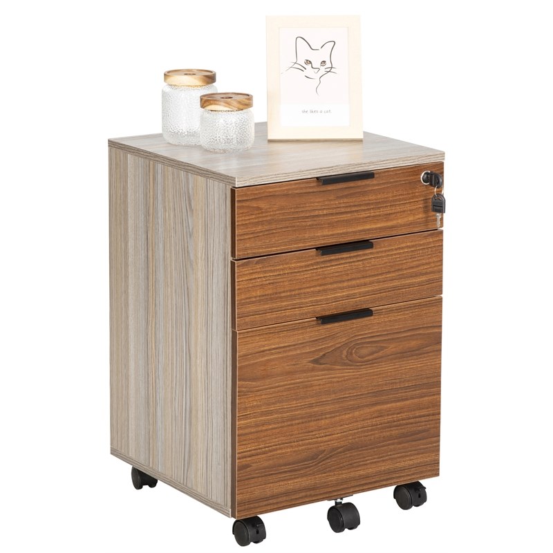 JJS 3-Drawer Modern Wood Rolling File Cabinet with Lock in Rustic Brown