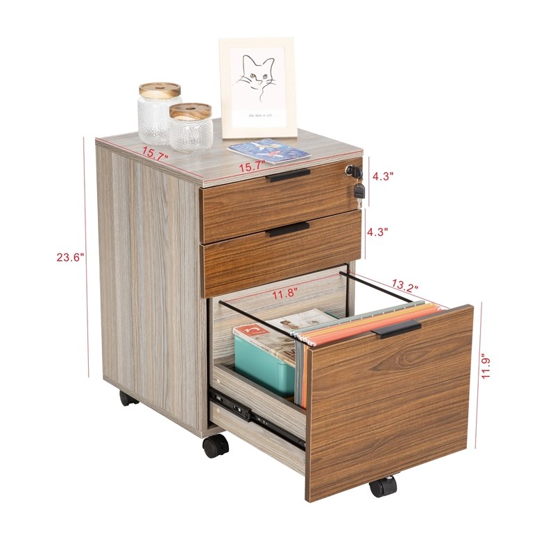 JJS 3-Drawer Modern Wood Rolling File Cabinet with Lock in Rustic Brown