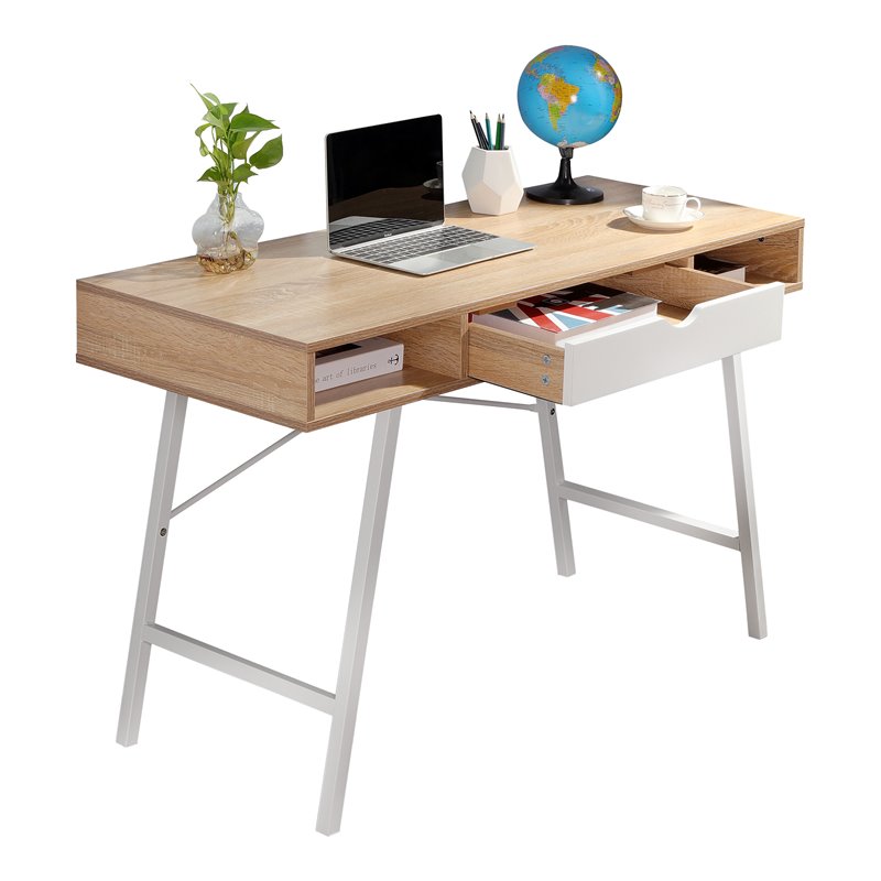 JJS Wood Home Office Desk with Drawers in Oak White