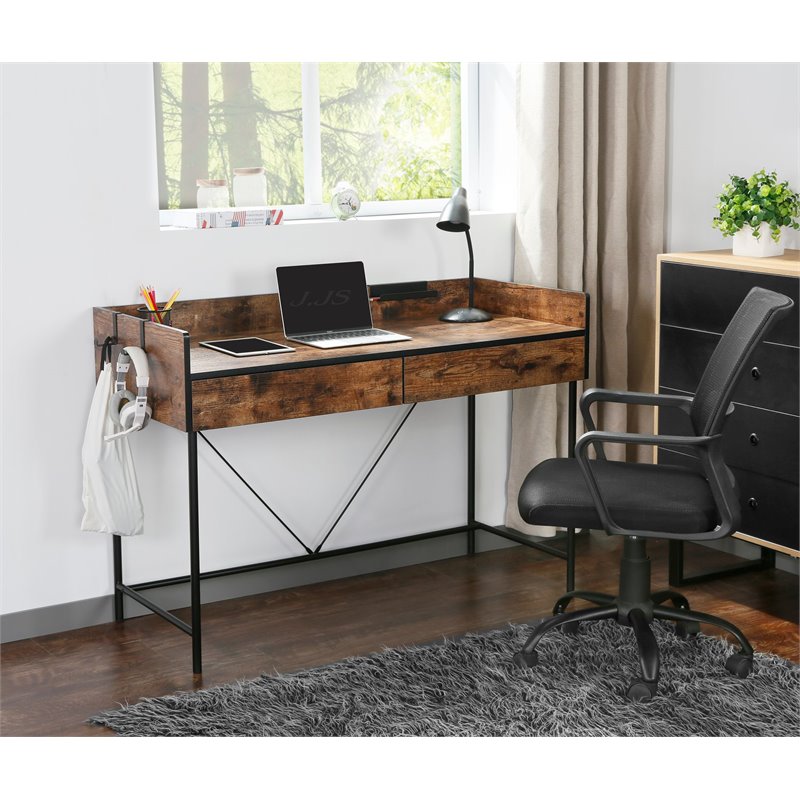 JJS Wood & Metal Computer/Study Writing Desk with Drawers in Rustic Brown
