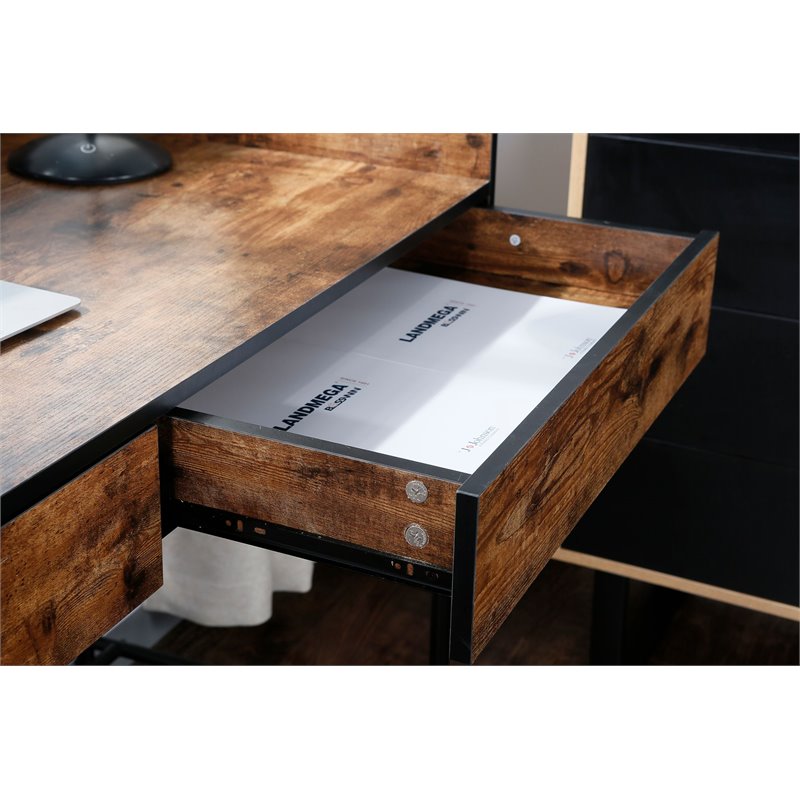JJS Wood & Metal Computer/Study Writing Desk with Drawers in Rustic Brown