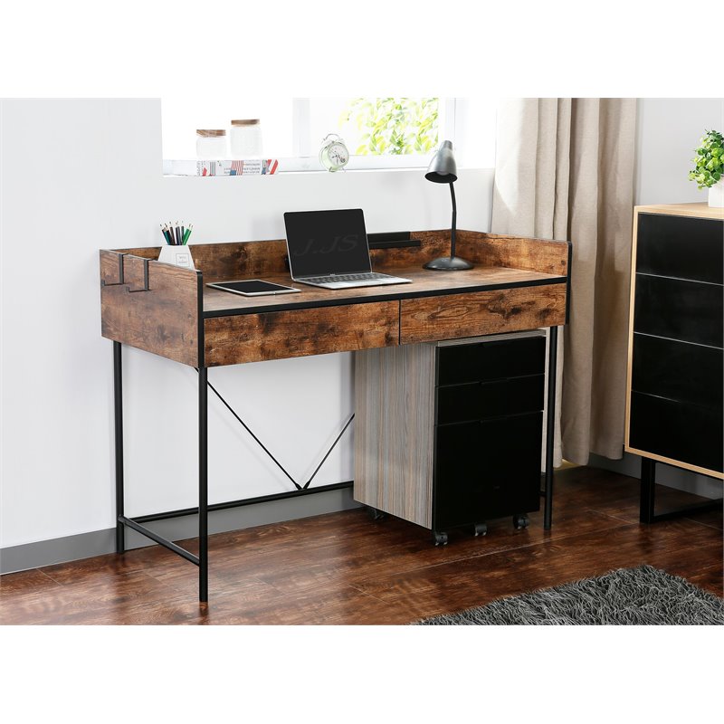 JJS Wood & Metal Computer/Study Writing Desk with Drawers in Rustic Brown