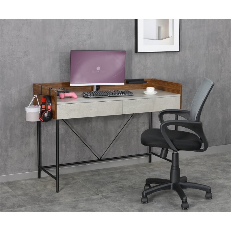 JJS Wood & Metal Computer/Study Writing Desk with Drawers in Walnut/Cement
