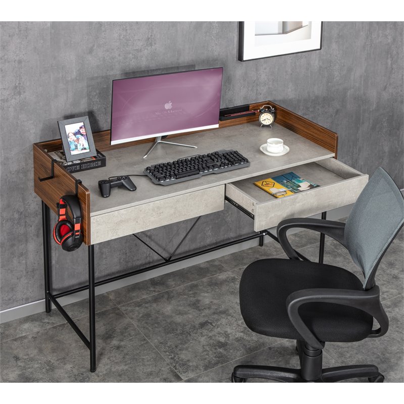 JJS Wood & Metal Computer/Study Writing Desk with Drawers in Walnut/Cement