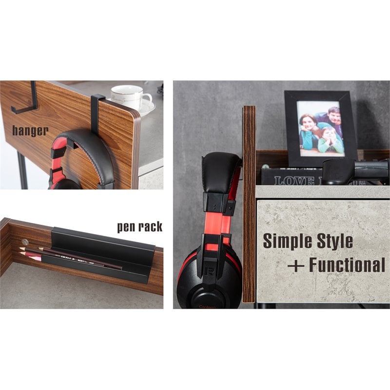 JJS Wood & Metal Computer/Study Writing Desk with Drawers in Walnut/Cement