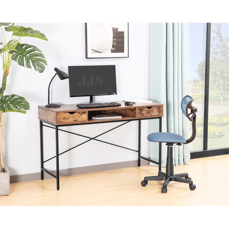 JJS Wood & Metal Writing/Computer Desk with Drawers in Rustic Brown