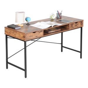 jjs wood & metal writing/computer desk with drawers in rustic brown