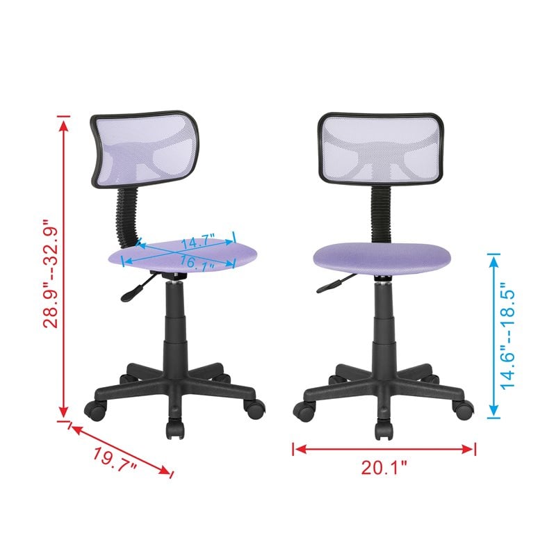 JJS Low-Back Mesh & Plastic Upholstered Teens Rolling Desk Chair in Purple