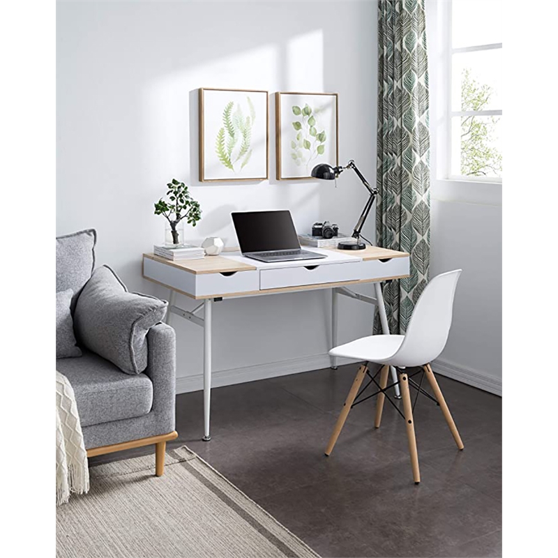 JJS Wood Home Computer Desk with Drawers and Split Top Storage in Oak/White