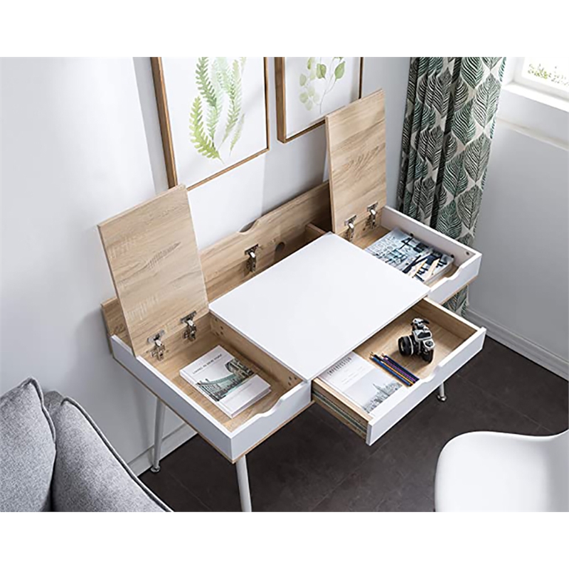 JJS Wood Home Computer Desk with Drawers and Split Top Storage in Oak/White