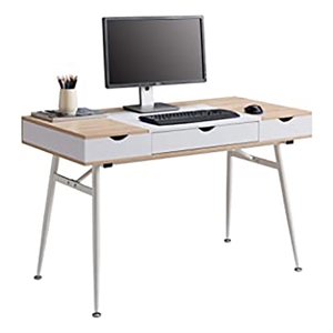JJS Wood Home Computer Desk with Drawers and Split Top Storage in Oak/White