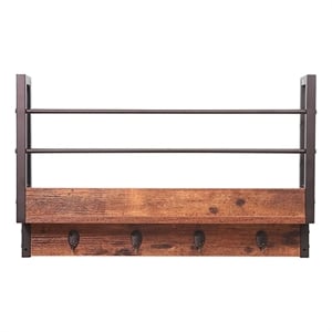 JJS Wood Floating Book Shelf with Coat Hooks Key Holder in Rustic Brown