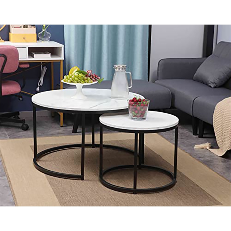 JJS Round Wood/Metal Nesting Coffee Table in Marble/Black (Set of 2)