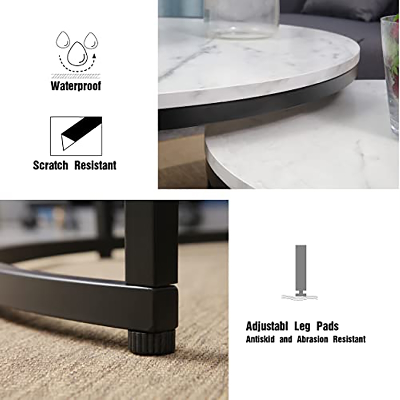 JJS Round Wood/Metal Nesting Coffee Table in Marble/Black (Set of 2)