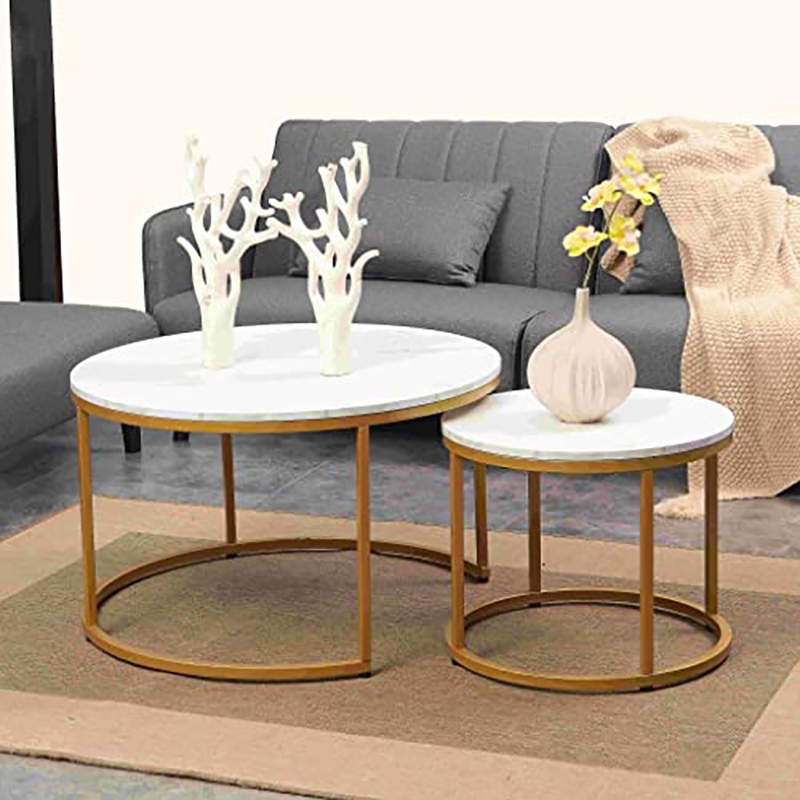 JJS Round Wood/Metal Nesting Coffee Table in Gold/Marble (Set of 2)