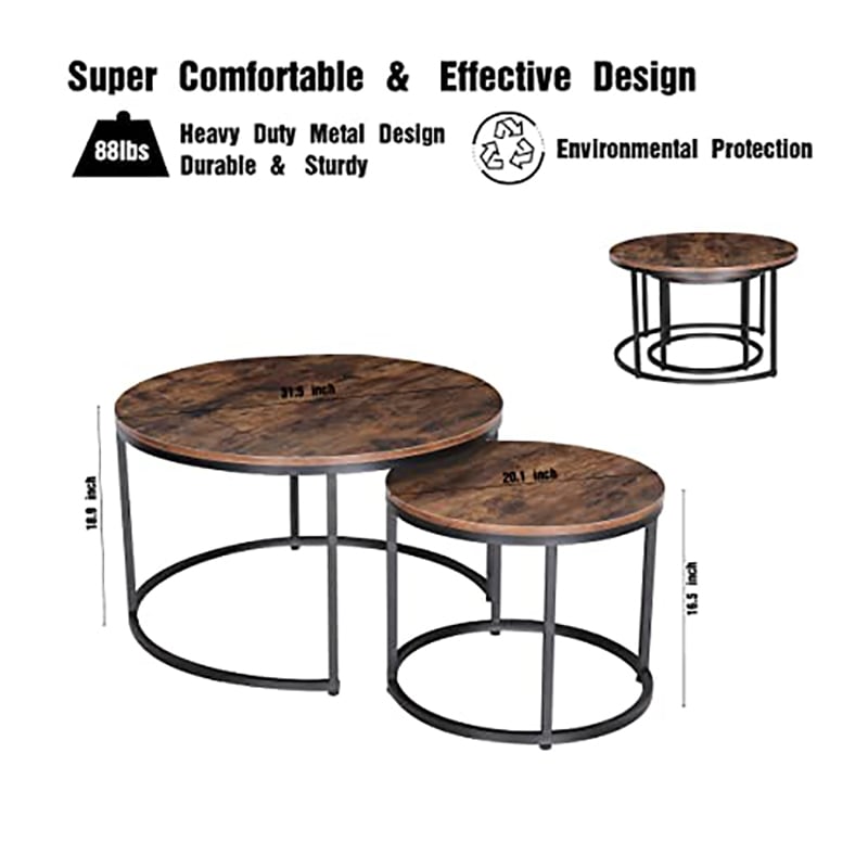 JJS Round Wood/Metal Nesting Coffee Table in Rustic Brown (Set of 2)