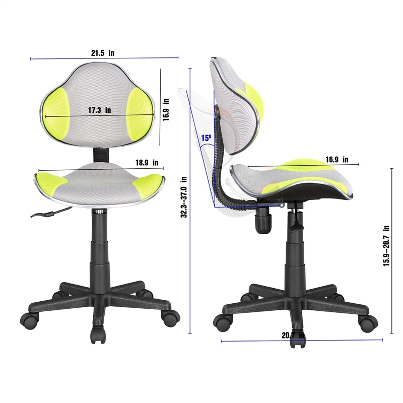 JJS Low Back Metal Computer Executive Chair w/ Large Base and Pads in Green/Gray