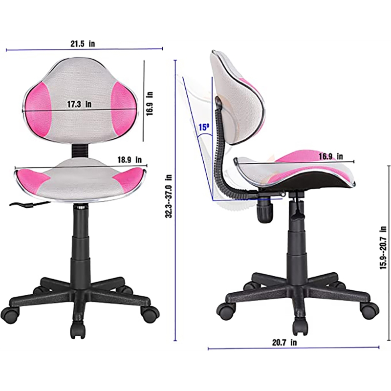 JJS Low Back Metal Computer Executive Chair w/ Large Base and Pads in Pink/Gray