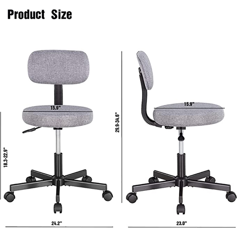 JJS Low Back Metal Armless Computer Chair with Thick Seat Cushion Pad in Gray