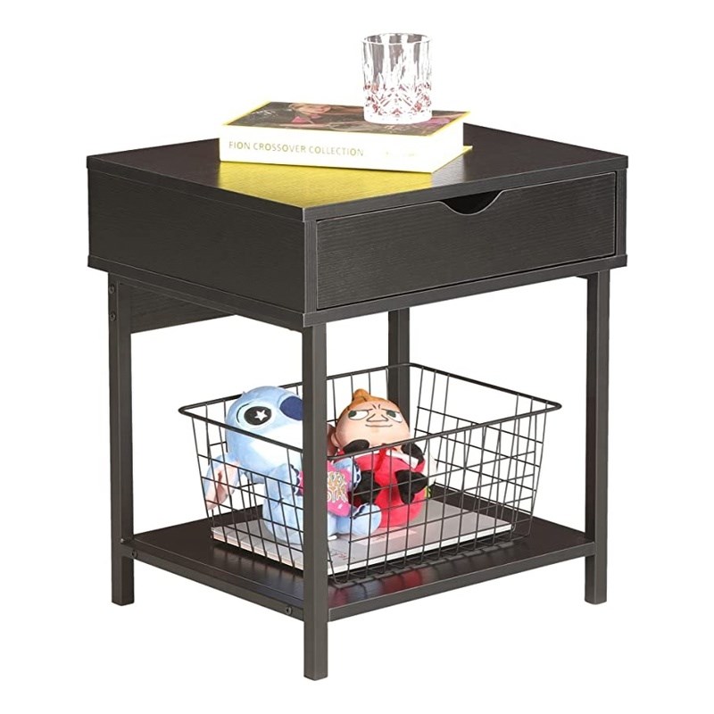 JJS Wood Side End Table with Drawer and Storage Shelves in Black