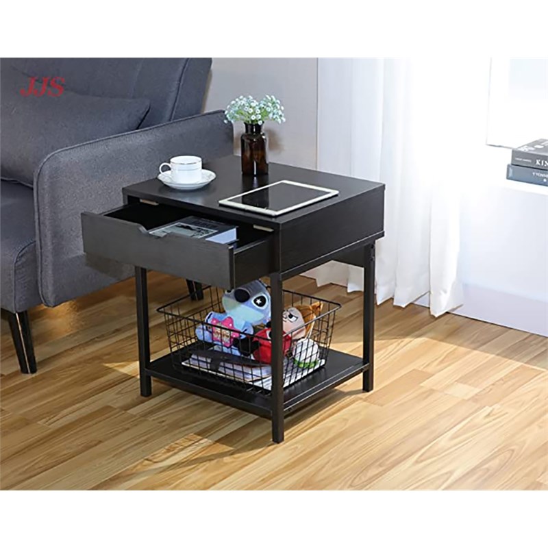 JJS Wood Side End Table with Drawer and Storage Shelves in Black