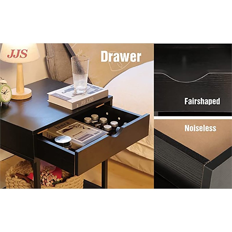 JJS Wood Side End Table with Drawer and Storage Shelves in Black