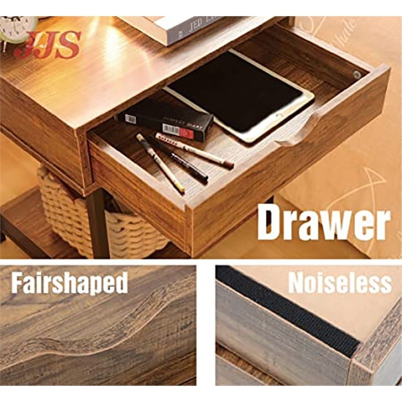 JJS Wood Side End Table with Drawer and Storage Shelves in Brown