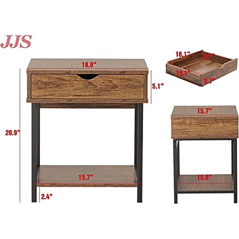 JJS Wood Side End Table with Drawer and Storage Shelves in Brown