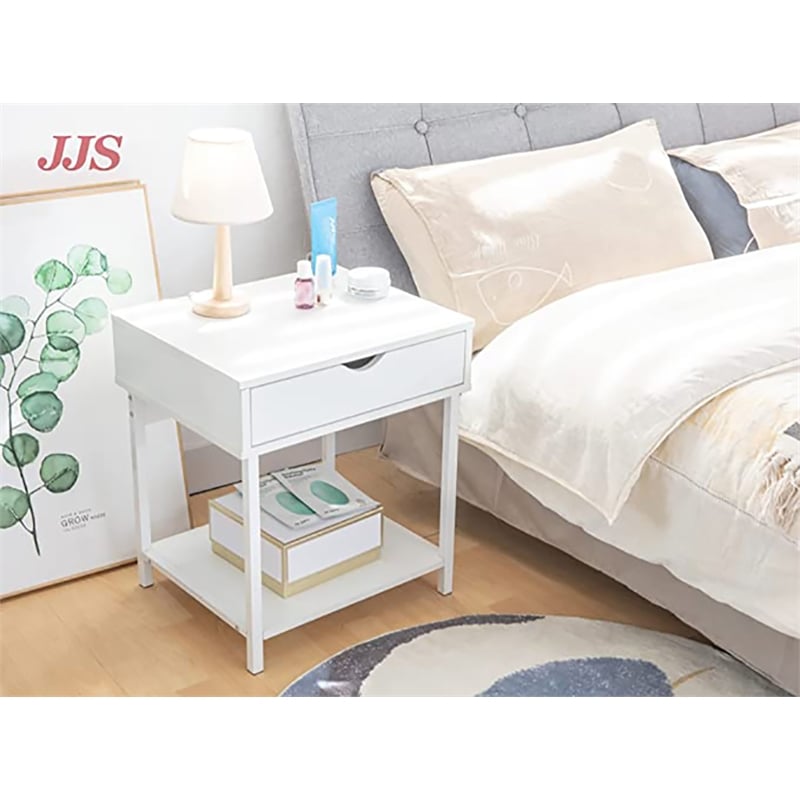 JJS Wood Side End Table with Drawer and Storage Shelves in White
