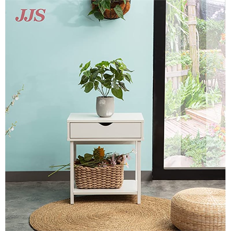JJS Wood Side End Table with Drawer and Storage Shelves in White