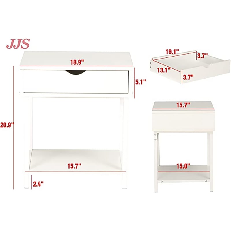 JJS Wood Side End Table with Drawer and Storage Shelves in White