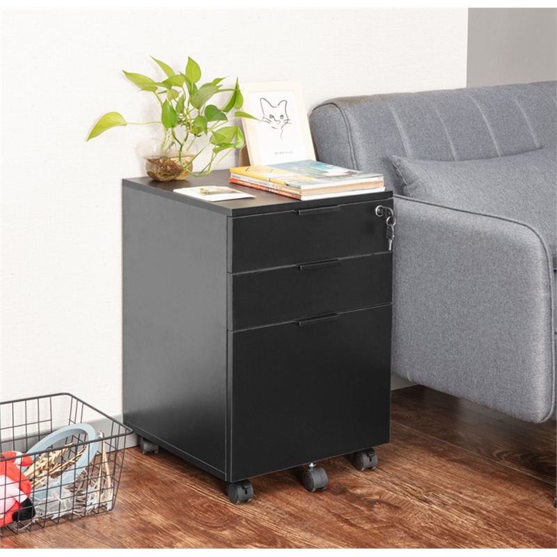 JJS 3-Drawer Wood Storage Filing Cabinet with Locking Wheels in All Black