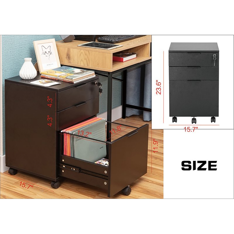 JJS 3-Drawer Wood Storage Filing Cabinet with Locking Wheels in All Black