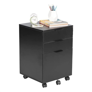 JJS 3-Drawer Wood Storage Filing Cabinet with Locking Wheels in All Black