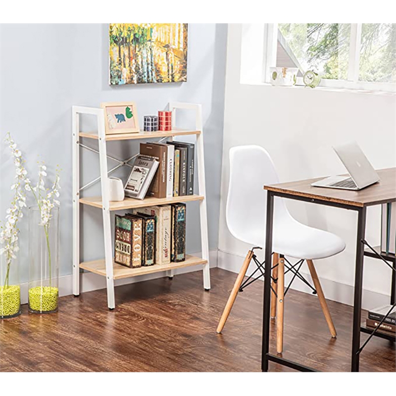 JJS 3-Tier Wood Display Bookcase with Storage Rack Shelf in Oak/White